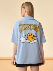 Gudetama X SHEIN 女款休閒卡通蛋和字母印花短袖上衣 - 淺藍色 - 查看 1