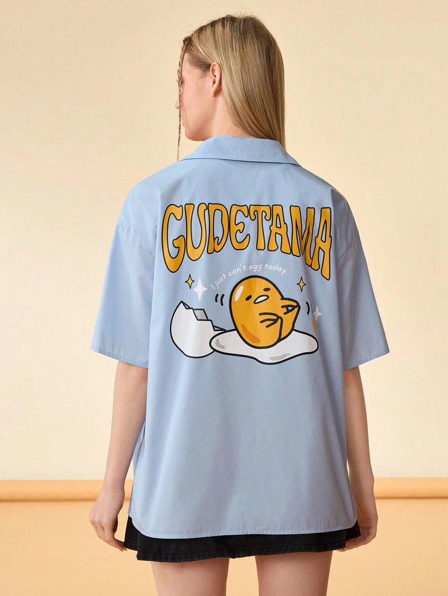 Gudetama X SHEIN 女款休閒卡通蛋和字母印花短袖上衣 - 淺藍色 - 查看 1
