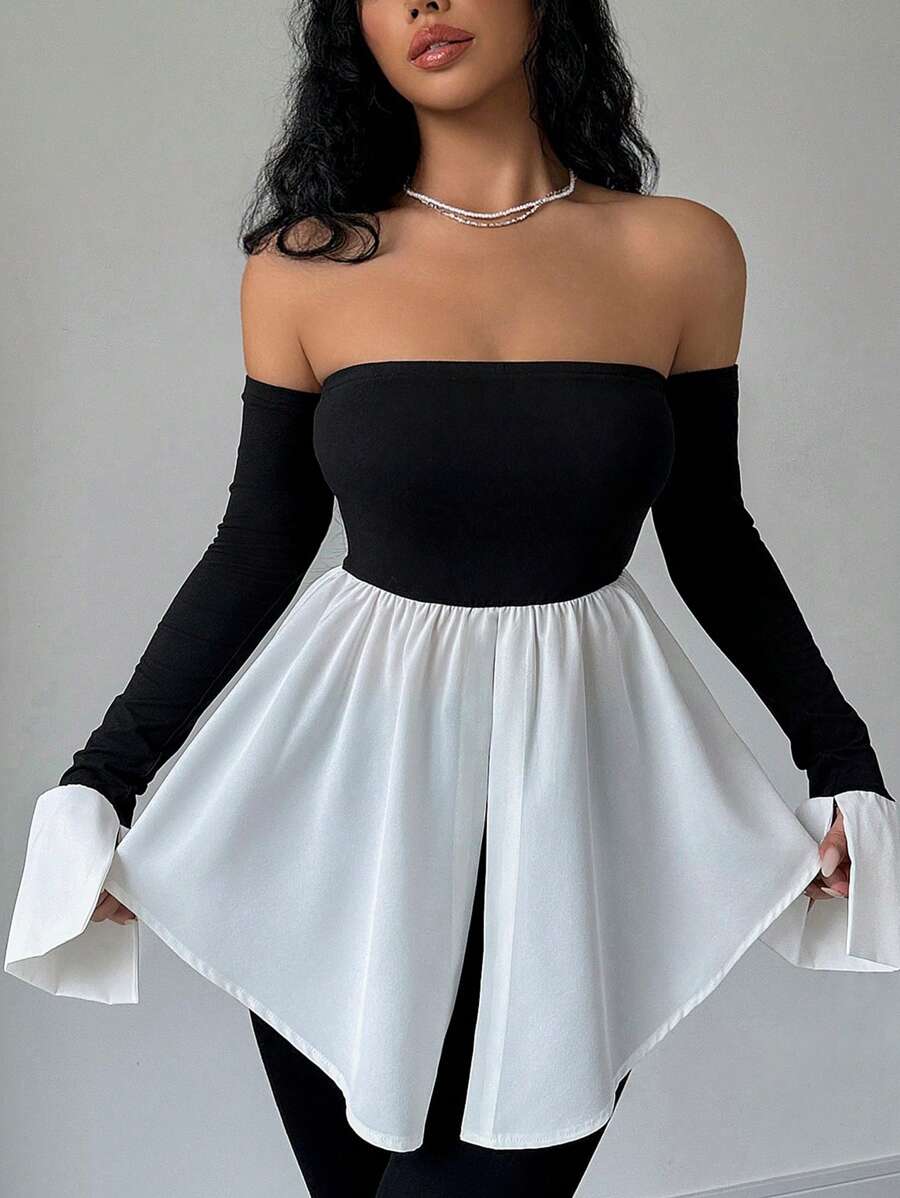 Rafferiza Haut de printemps/été pour femme à patchwork noir et blanc avec volant et ourlet à volants