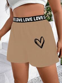 Flirla Shorts con estampado de corazones y cinta de letras de contraste para el verano en tallas grandes