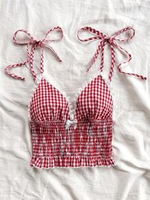 Soleia Red Plaid Lace-Up Waist Bow Tie Pleats Ruffle Romantic Casual Countryside Vacation Women's Camisole Summer Clothes