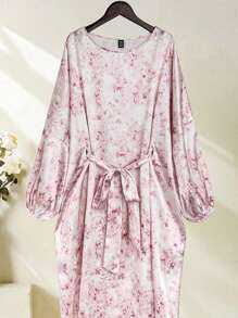 Mulvari 女士圆领印花腰带长袖土耳其束腰外衣和阿拉伯传统连衣裙