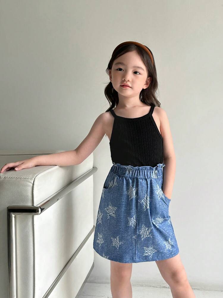 Little Girls' Solid Color Casual Tank Top & Star Printed Skirt Set, Summer