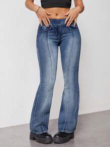 SHEIN EZwear Damskie jeansy ze skośnymi kieszeniami i rozszerzanymi nogawkami - Niebieski - Zobacz 6
