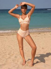 SHEIN Swim Women's Summer Beach Checker Printed Sexy Two-Piece Bikini Set