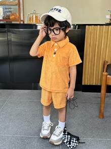 SHEIN Bộ quần short và áo cổ polo bằng vải cho bé trai - trái cam - Xem 1