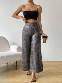 SHEIN Essnce Pantalones de pierna ancha casuales de verano para mujer, pantalones palazzo sólidos y aleatorios estampados con estilo simple y largos para uso diario, atuendos para maestras, ropa para el 4 de julio - Café integral - Ver 3