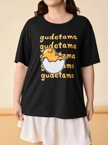 Gudetama X SHEIN Camiseta negra floja de manga corta con patrón de huevo impreso fresco 'Dopamina' linda y casual de talla grande para el verano, estilo urbano - Negro - Ver 5
