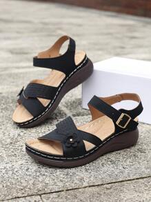 Women's Hollow Ankle Strap Sandals, New Summer Elegant Outdoor Wedge Heels Platform Shoes, Thick Sole Minimalist 3D Floral Sports Style Hook And Loop Sandals - Black - View 2