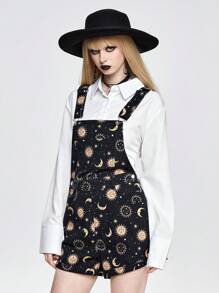 ROMWE Goth Lässige Damen Jeanslatzhose und Jumpsuit mit gotischen Drucken von Sonnen, Mond und Sternen