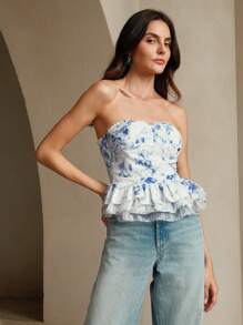 Anewsta 優雅復古藍色花印紗邊女士上衣，腰部飄逸設計 - 藍色 - 查看 5