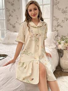 Váy ngủ có cổ in hoa có cổ đính nút Váy ngủ phía trước Váy Pajama - Nhiều màu - Xem 4