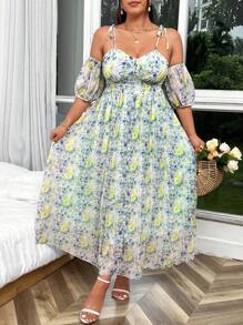 SHEIN Unity Plus Size Women's Open Shoulder Long Sleeve Floral Printed Pleated Dress, Ideal For Vacation - Green - View 4