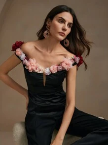 Anewsta Elegant And Beautiful Deep V-Neck 3D Floral Women's Top