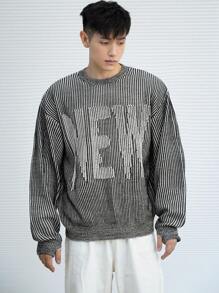 DAZY Men's Round Neck Striped Sweater With Letter Print, Long Sleeve, Spring And Autumn - Black and White - View 4