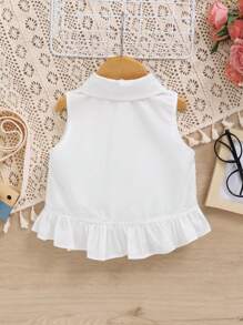 Tween Girl Loose Casual Sleeveless Ruffle Short White Shirt With Simple Lapel - White - View 2