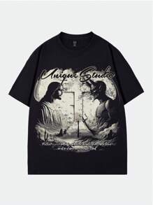 ROMWE MEN Street Life Men's Street Retro Graphic Print Oversized Short Sleeve T-Shirt