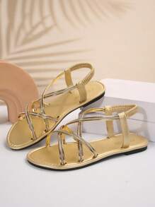 欧美风格大码女式露趾交叉绑带舒适简约水钻镶嵌松紧带平底皮拖鞋，休闲时尚沙滩户外夏季女式凉鞋 - 金色 - 查看 6