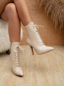 Giày bốt cổ ngắn và bốt cổ cao cho nữ mùa thu/đông, Giày cao gót mũi nhọn thời trang nữ, Giày bốt cao đến giữa bắp chân, Giày bốt buộc dây cao gót thanh lịch, Giày cao gót thoải mái, Giày cao gót sang trọng gợi cảm cho người dự tiệc, Giày bốt cao, Giày bốt ngắn - Màu be - Xem 6