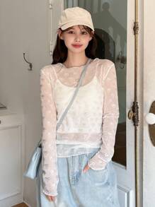 DAZY 女士春夏蝴蝶网纱透视长袖圆领上衣外出上衣长袖女上衣 - 白色 - 查看 6