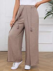 Mulvari Urlaubshose für Damen Große Größen, einfarbig mit Patchwork Quasten, weites Bein und lockerer Passform - Kamelfarben - Übersicht 5