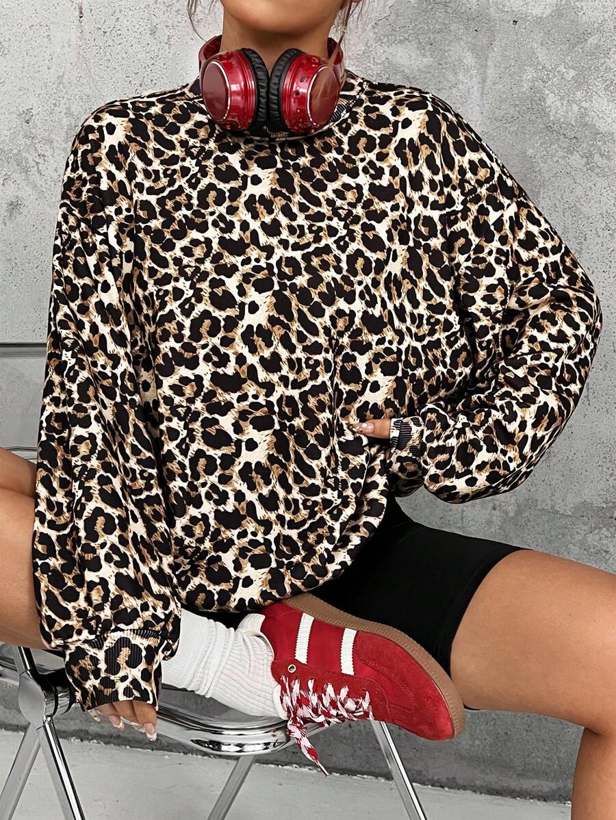 SHEIN EZwear 豹紋針織女裝寬鬆運動衫 - 彩色 - 查看 1