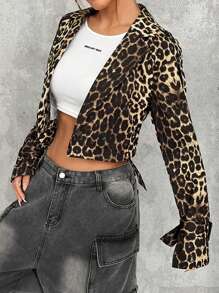 SHEIN EZwear Leopard Print Woven Women's Casual Jacket - Multicolor - View 4