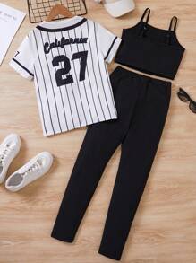 Tween Girl Striped & Letter Printed Front Button Short Sleeve Top, With Black Camisole Tank Top And Long Pants, Summer Streetwear Outfit - Black - View 2