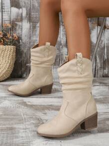 Asymmetric Creased Lace Up Booties In Beige With Ear Pattern And Random Wavy Texture, Chunky Heel And Round Toe, Versatile For Work And Daily Wear, Plus Size
