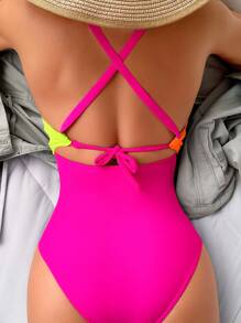 SHEIN Swim Traje de baño de una pieza casual de bloque de color rosa neón amarillo naranja, traje de baño de una pieza para mujer - Rosa Fucsia - Ver 2
