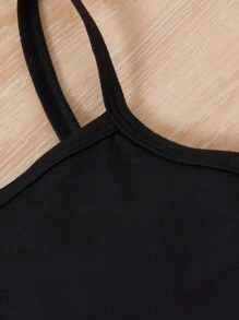 Tween Girl Striped & Letter Printed Front Button Short Sleeve Top, With Black Camisole Tank Top And Long Pants, Summer Streetwear Outfit - Black - View 5