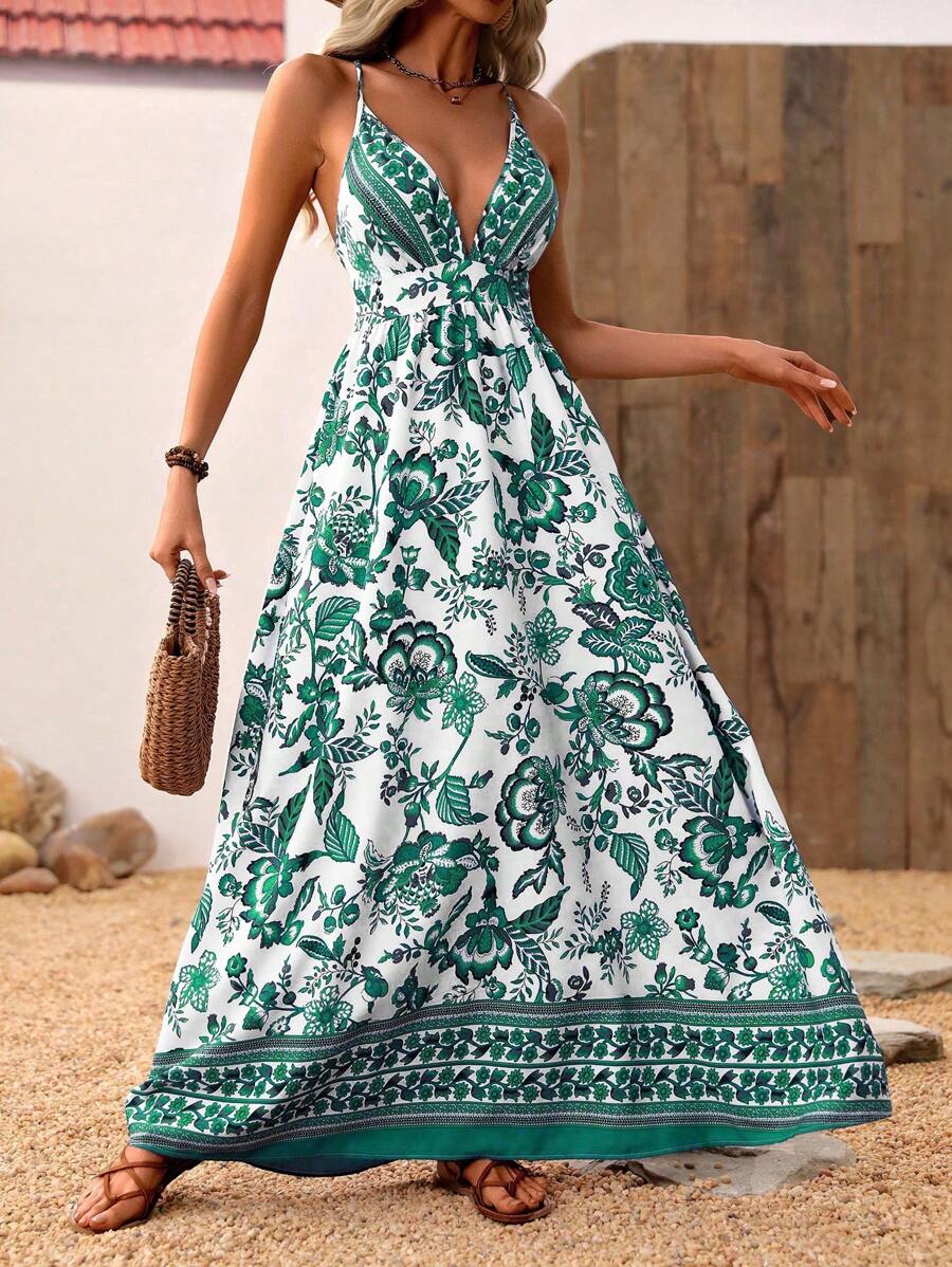 Breezaya Casual Vacation Style Camisole Dress, Deep V-Neck Highlights Charming Collarbones, Large Backless Design Exudes Sexiness, Flowing Big Hem Adds Agility, Eye-Catching Style For Summer Outings