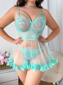 PetitDoll Plus Size Sexy Lace Contrast Mesh Lingerie Dress And Thong Set, 2pcs - Mint Green - View 1