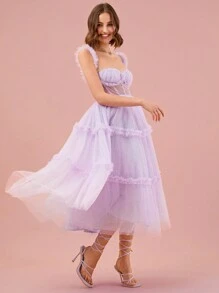 Enchnt Váy thiết kế lưới đơn giản và trơn hàng ngày dành cho nữ - Màu tím hoa cà - Xem 6