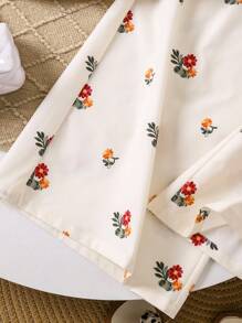 SHEIN LMoss Kids LMoss Tween Girl 宽松休闲无袖 V 领衬衫搭配阔腿花裤，2 件/套 - 杏色 - 查看 7