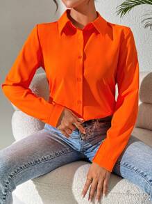 SHEIN Clasi Solid Long Sleeves Button Front Orange Shirt For Spring Summer - Orange - View 4