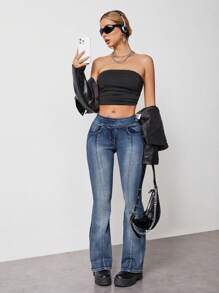 SHEIN EZwear Damskie jeansy ze skośnymi kieszeniami i rozszerzanymi nogawkami - Niebieski - Zobacz 4