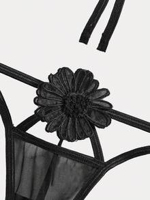 Spicy Aura 2pcs/Set Women's Sexy Embroidered Strap Wireless Bra And Panties Lingerie - Black - View 3