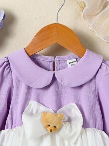 Vestido de manga larga con cuello alado y adornos de lazo para bebé niña, Primavera/Verano - Morado - Ver 7