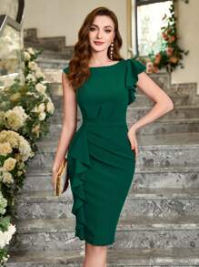 MIUSOL Đầm cocktail tay bồng bất đối xứng màu trơn, đầm nữ thanh lịch bán trang trọng. - Màu xanh lá cây đậm - Xem 2