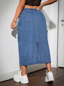 SHEIN ICON Plus Size Street Style Sexy Denim Skirt With Back Slit,Cargo Skirt,Fall Women Clothes,Denim Skirt,Back To School,Teacher Clothes, Blue - Medium Wash - View 2