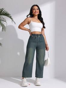 女士休闲宽松松紧腰直筒牛仔裤，适合春夏季 - 軍綠色 - 查看 7