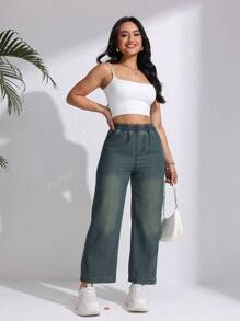 Jeans droits décontractés avec taille élastique lâche pour femmes, convient pour le printemps et l'été
