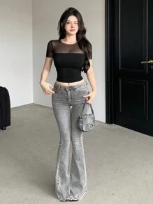 DAZY 女士聚会/学校宴会网纱拼布短袖 T 恤夏季 - 黑色 - 查看 2