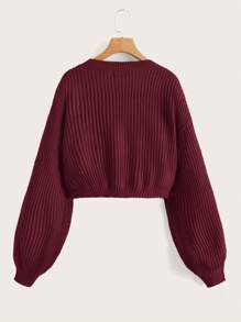 SHEIN EZwear 灯笼袖纽扣前罗纹针织开衫、长袖上衣、秋冬针织毛衣 - 紫紅色 - 查看 2