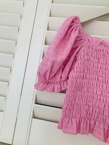 Tween Girl's Off-Shoulder Puff Sleeve Short Top & Ruffle Hem Mini Skirt Set - Pink - View 6