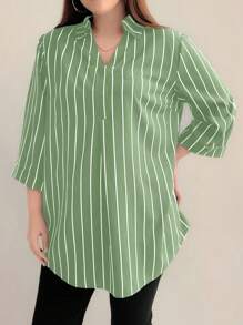 SHEIN LUNE Plus Striped Print Curved Hem Blouse Women Shirt