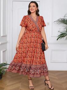 Mulvari Plus Size Women's Random Printed Simple Daily Dress - Red - View 3