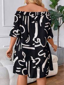 SHEIN CURVE+ Vestido midi de talla grande para mujer con pliegues y estampado - Negro - Ver 2