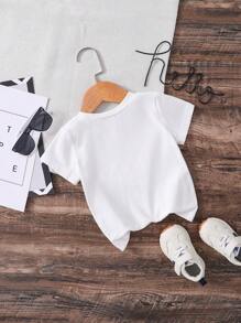 SHEIN Playful Pals Baby Girls' Cotton White Short Sleeve Letter Printed T-Shirt, Suitable For Summer - White - View 2